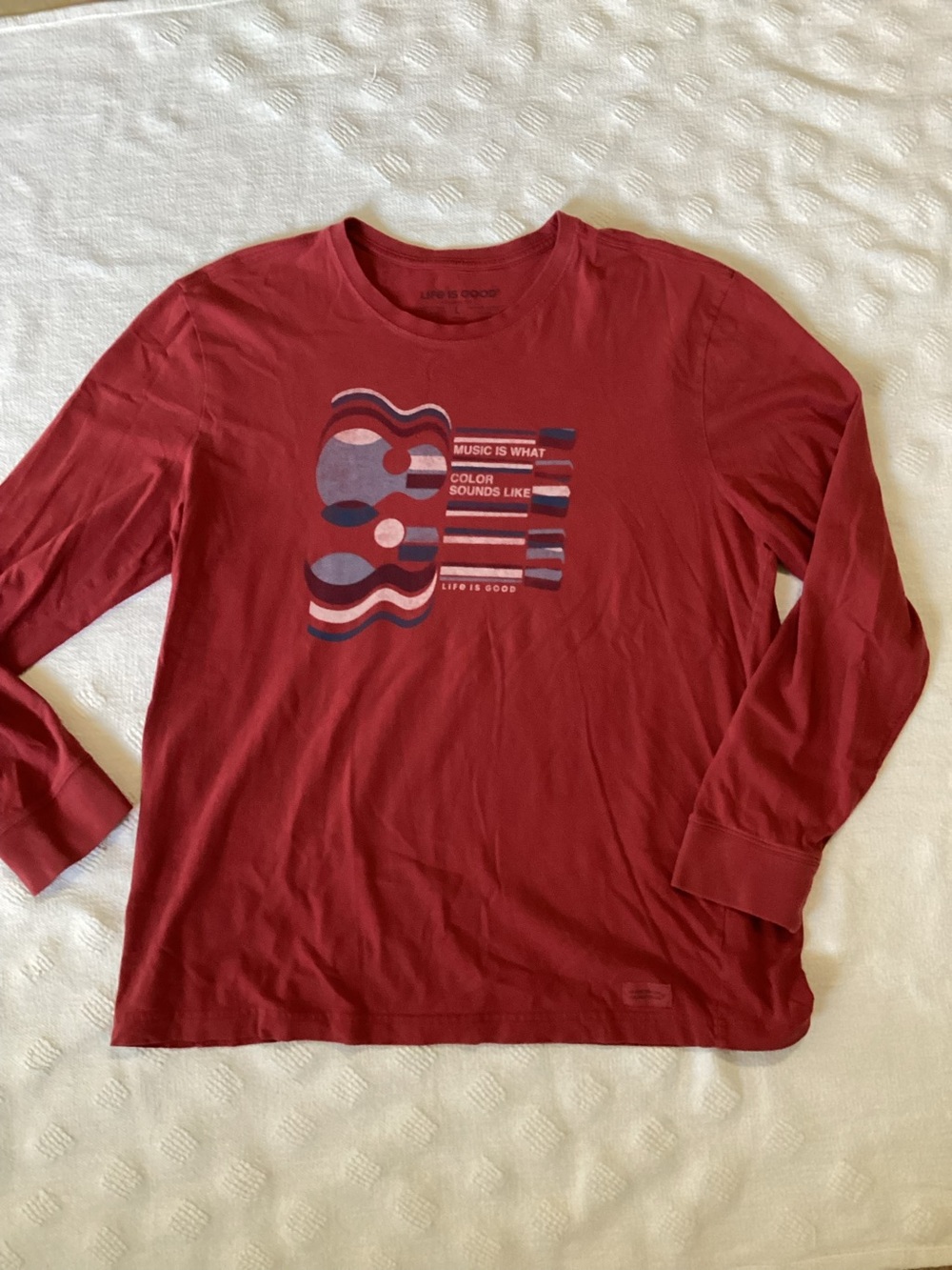 Life Is Good Mens L Crusher Tee Red Long Sleeve Music Is What Color Sounds Like
